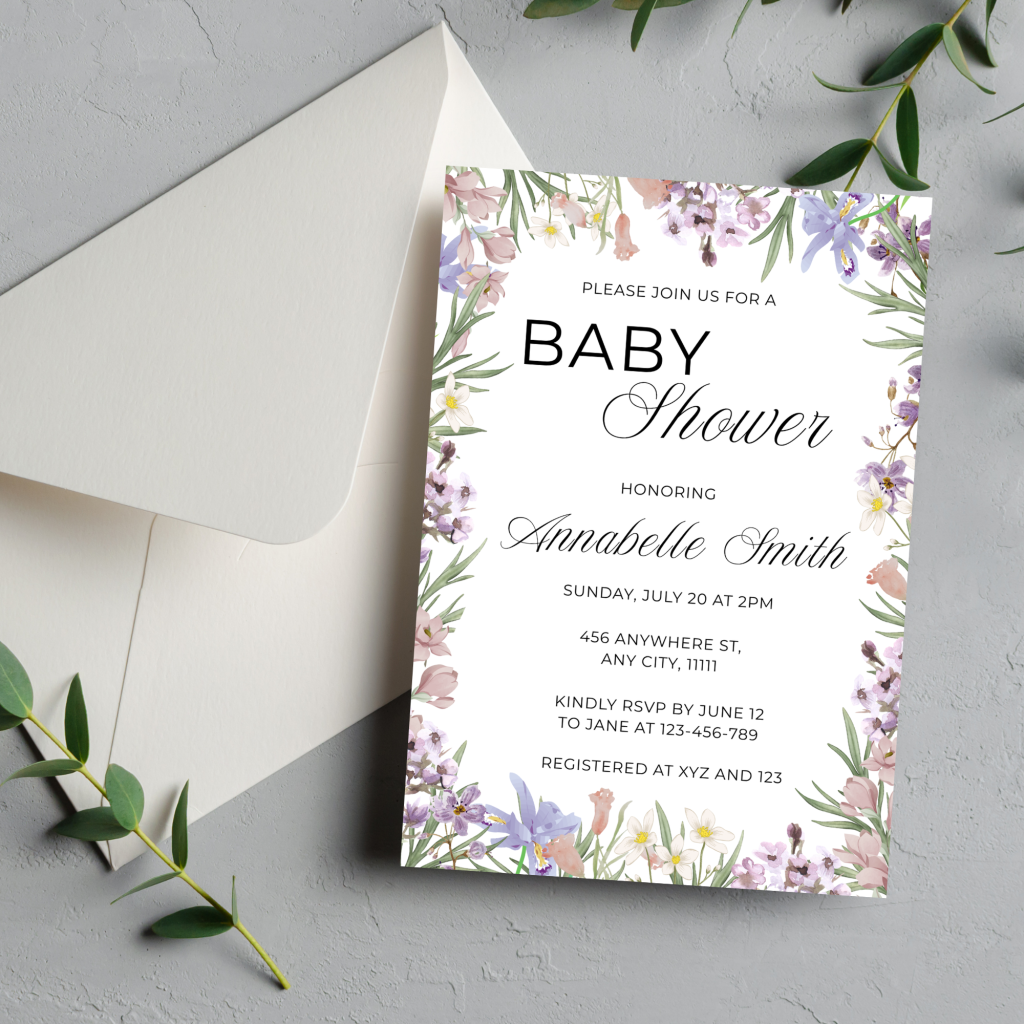 Purple Floral Baby Shower Invite